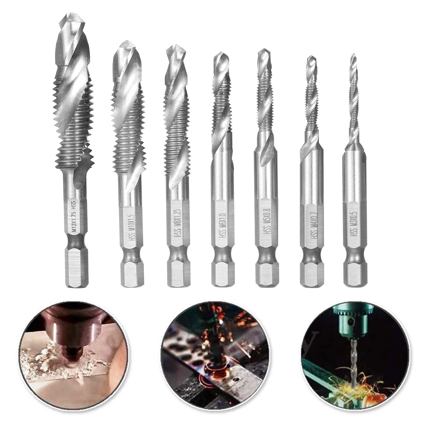 7Pcs Combination Drill And Tap Set Thread HSS M3-M12 Screw Tapping Bit