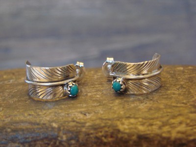 Native American Sterling Silver Turquoise Feather Hoop Post Earrings Signed Davi