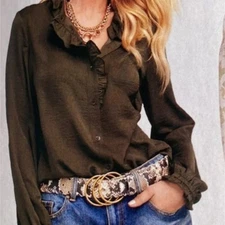 NWT Cabi 4167 Icon Blouse Green Brown Ruffle Button Long Sleeved Size Medium