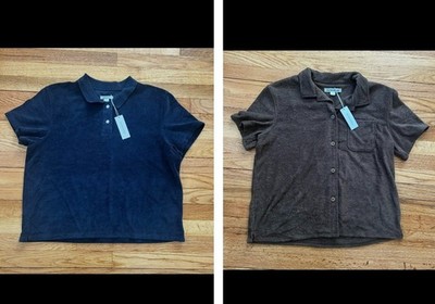 Outerknown Men Hightide Terry Blue Polo Tee Shirt Or Brown Terry Button Down $88