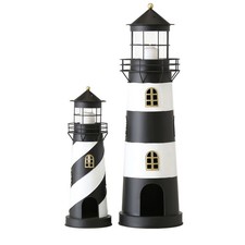 Windlicht Leuchtturm 2er Set schwarz-weiss Höhe 46 und 73 cm aus Metall