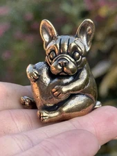 Tiny Brass Frenchie Holding Heart, Dog Figurine Symbolising Love