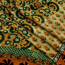 Vintage Sari Green Pure Crepe Silk Printed Sarees 5yd Sewing Floral Soft Fabric