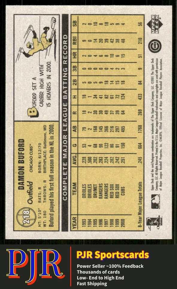 Damon Buford 2001 Upper Deck Vintage #218 Chicago Cubs - Image 2 of 2