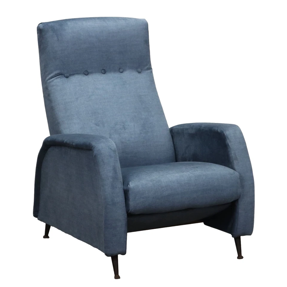 Fauteuil Inclinable Vintage Tissu Bois Italie des Années 1960 Original - Photo 1/4