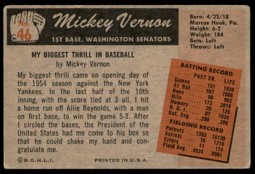 1955 Bowman #46 Mickey Vernon VG - Picture 2 of 2
