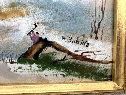 FIRMADO CON Rubíes Esmalte Cobre Pintura 'Winter Village' con Marco Dorado 14" x 12" - Imagen 4 de 10