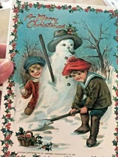 Vtg New RAPHAEL TUCK Victorian SNOWMAN KIDS Merry Xmas WOODEN PLAQUE Wall Sign