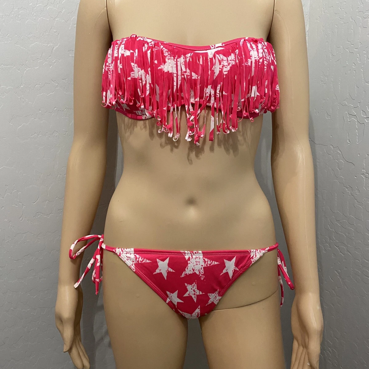 Girls Bikini Teen Size Small Bathing Suit Pink Tie Stars