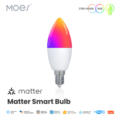 MOES Smart Matter WiFi E14 Candle LED Light Bulbs CW RGB Dimmable Lamp 6W 470LM