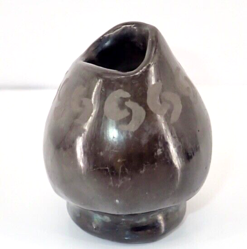 Santa Clara Carved Black Pottery Signed Ginger Mesko 01 Seed Bowl Rustic Vintage - Picture 1 of 11