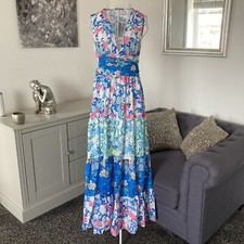 Blue Patchwork Floral Paisley V-Neck Sleeveless Tiered Flared Maxi Dress 8-10