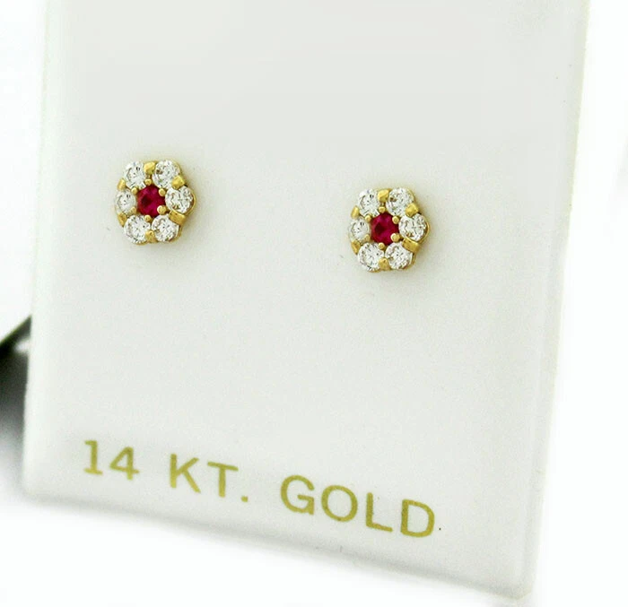 LAB CREATED RUBY & WHITE SAPPHIRE FLOWER STUD EARRINGS 14K GOLD-NWT - Image 3 of 3