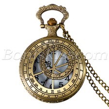 Vintage Bronze Twelve Constellations Half Hunter Quartz Pocket Watch Necklace