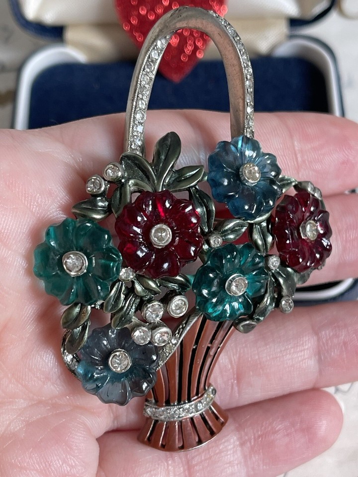 Vintage brooch Basket w flowers red blue green Fruit Salad Flowers 1930