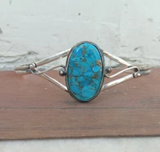 Copper Turquoise Gemstone 925 Sterling Silver Handmade Bracelet Cuff RM-25