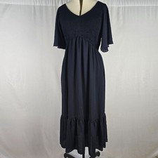 Lillusory Maxi Dress Women's XL Short Sleeve V-Neck Shirred Ruffle Navy Blue NWT
