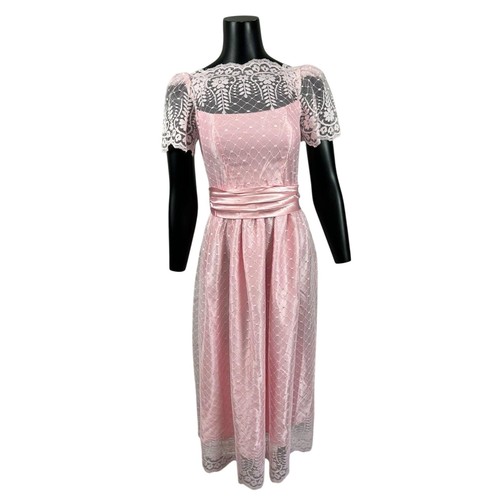 JC Penney Pink Full Lace Over Floral Puff Sleeve Dress Women's 5/6 Vintage 70's - Picture 2 of 9