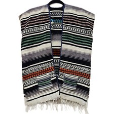 Vintage 60s/70s Mexican Blanket Vest Serape W/Fringe  Pockets Measures Size S/M