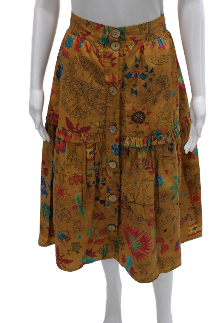 Chufy Womens A-Line Midi Skirt Yellow Cotton Geometric Size SFree Shipping in US $100+ Orders | $6.95 Orders Below