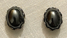 HEMATITE CABOCHON EARRINGS - Oval Stud, Silver Plated Setting - Gunmetal Gray