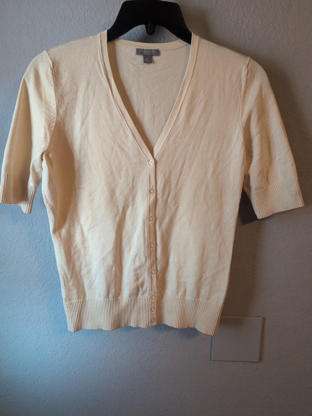 Ann Taylor Loft Petite Small Pale Yellow Cardigan Short Sleeve Sweater Blouse