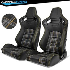 Universal Pair Of Reclinable Black Racing Seats Dual Slider Yellow Stitching Universal Pair Of Reclinable Black Racing Seats Dual Slider Yellow Stitching