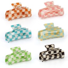 Multicolored Checkered Claw Clips - 6 Pack Rectangle Hair Barrettes, Strong Hold