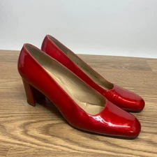 Stuart Weitzman Pumps Womens Size 9AA Red Patent Leather Square Toe Block Heels