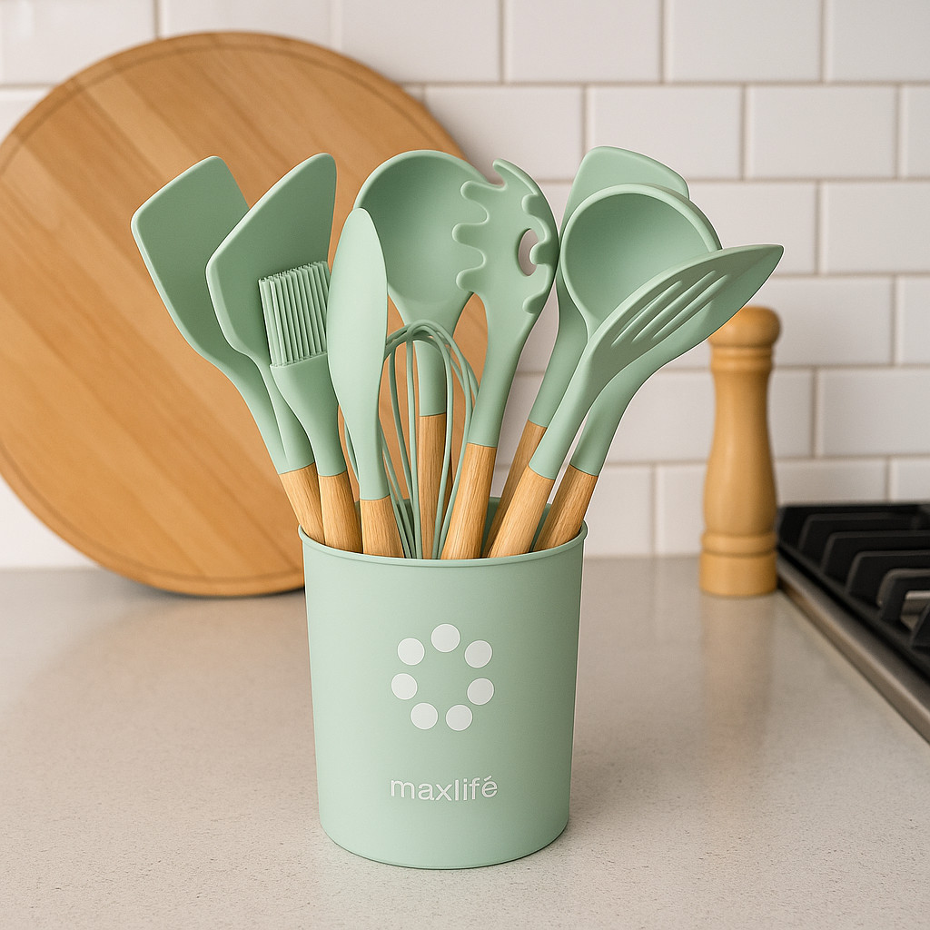 MaxLife Silicone Cooking Utensil Set with Holder, 12-Piece – Sage Green, Wooden