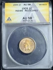 ANACS 1909 INDIAN HEAD CENT AU58. DetailsRecolor  Beautiful Golden Rainbow Tones