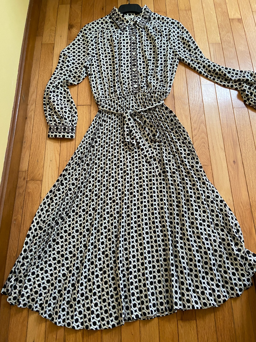 $188 MAX STUDIO MIDI DRESS IN GEO PRINT PLEATED LONG SLEEVE SASH L RUNS M