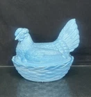 VTG! Hiesey Light Blue/slag Milk Glass Hen On Nest Covered/Lidded! XL See Info⬇️