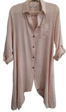 Gigi Moda Italian Linen Pink Tunic Blouse Lagenlook Boho Asymmetric OSFM Up to L