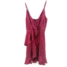 Altar'd State Burgundy Leopard Print Ruffle Wrap Satin Mini Dress Size S