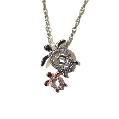 New 925 Sterling Silver .10ct diamond sea Turtle Baby mother child necklace 1.6g