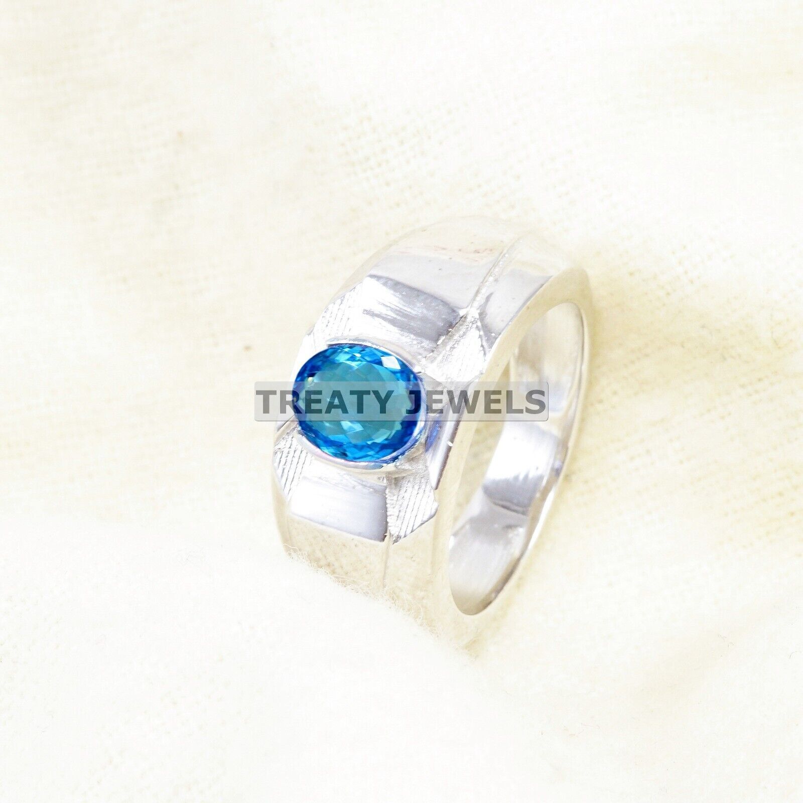 Blue Topaz Oval Cut Gemstone With 925 Sterling Silver Ring For Men's #A924