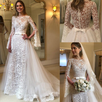 Vintage Wedding Dresses Detachable Train Long Sleeve Lace Applique Bridal  Gown | eBay