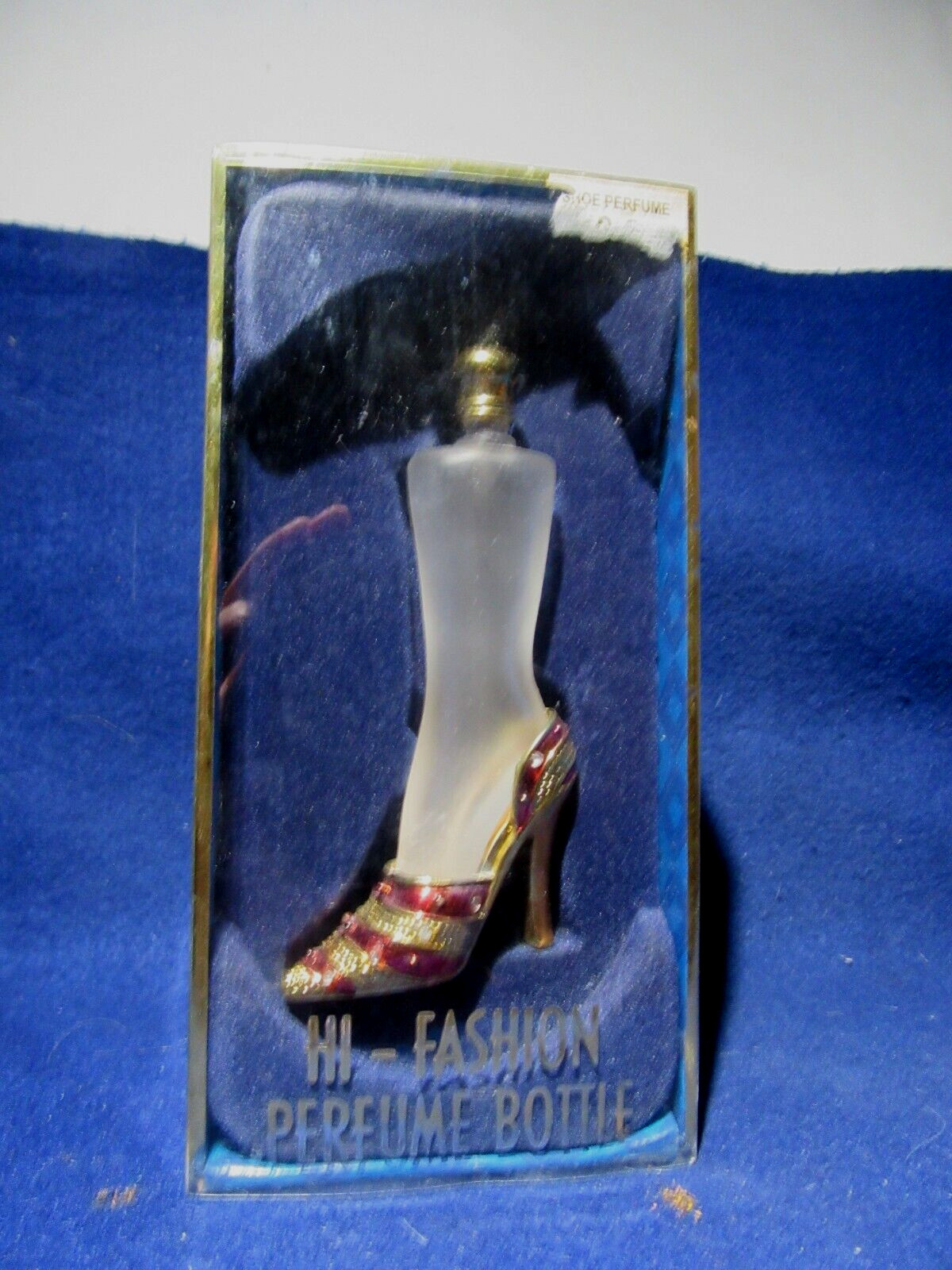 Frosted Glass Perfume Bottle in Metal Enameled High Heel Shoe. Gold with stones.