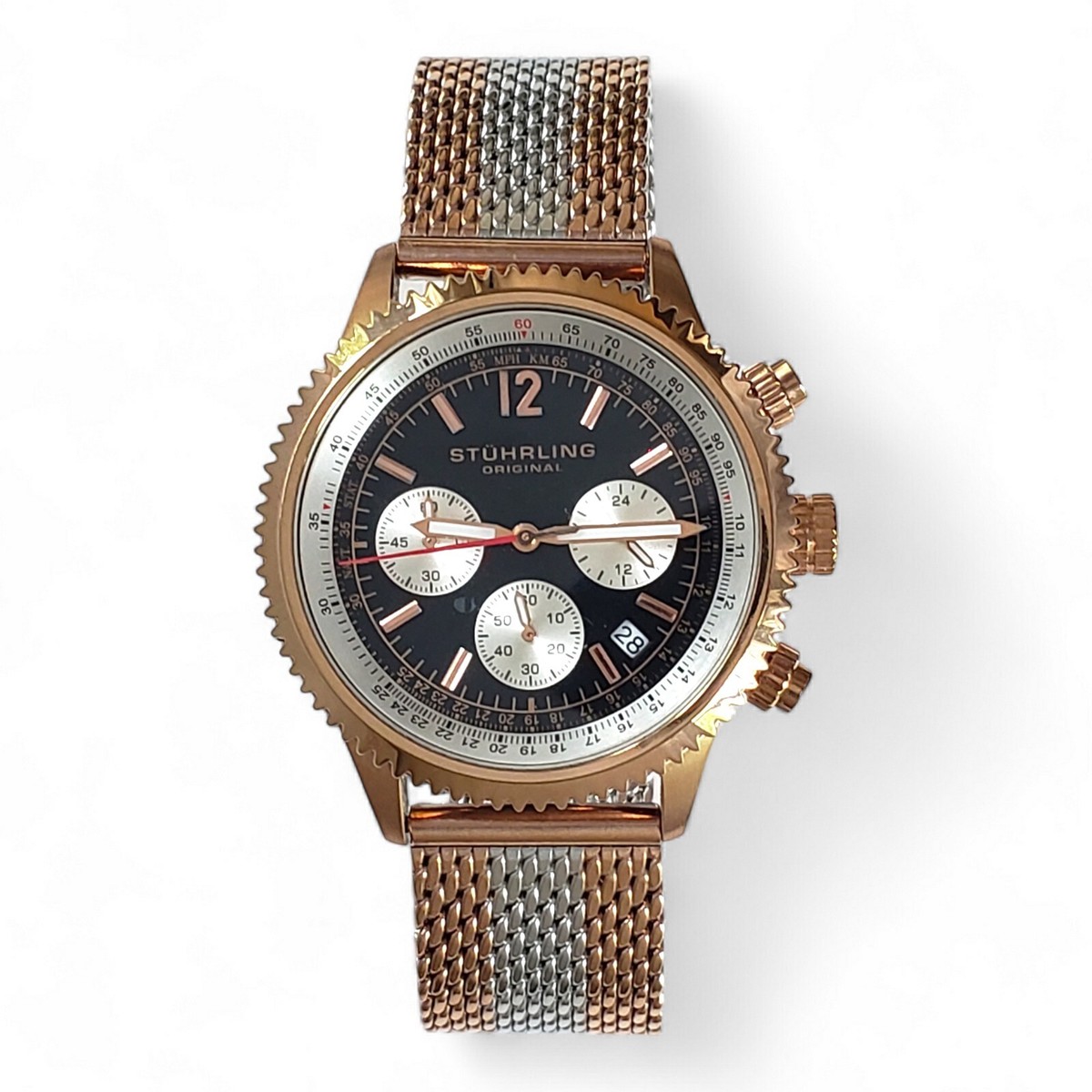 Stührling Turbine 4015 Silver Rose Gold Tone Chronograph Water Resistant  Watch