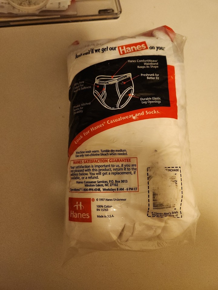 Hanes Mens Briefs Tighty White 6 Pack 42 Vintage USA 1997 underwear New