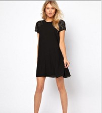 Black Lace Chiffon Splicing Short Sleeve Dress Jupmer Skirt Strapless Sundress