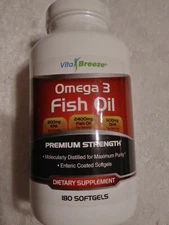 Vita Breeze Omega 3 Fish Oil  Supplement + EPA DHA Fatty Acids - 180 ct Exp 6/25
