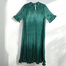 ASOS Maternity Dress Woman 14 Green Leopard Print Mock Ruffle Neck Hem and Cuffs