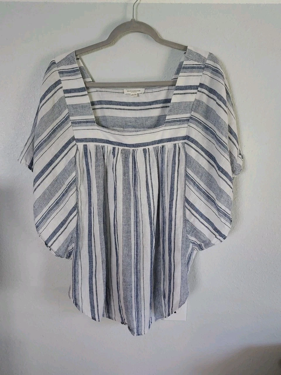 Beach Lunch Lounge Blue Stripe Short Sleeve Poncho Blouse Women's XL Linen Blend