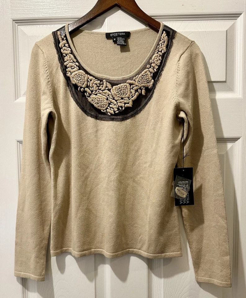 Suéter Etcetera M Seda Cachemira Tostado Negro Transparente Detalle Bordado R $275 Foto 3 de 4