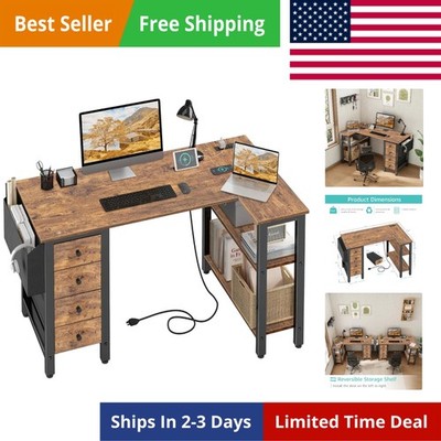 L Shaped Office Desk with Power Outlets, 47 Inch Computer Desk with  Drawers, S