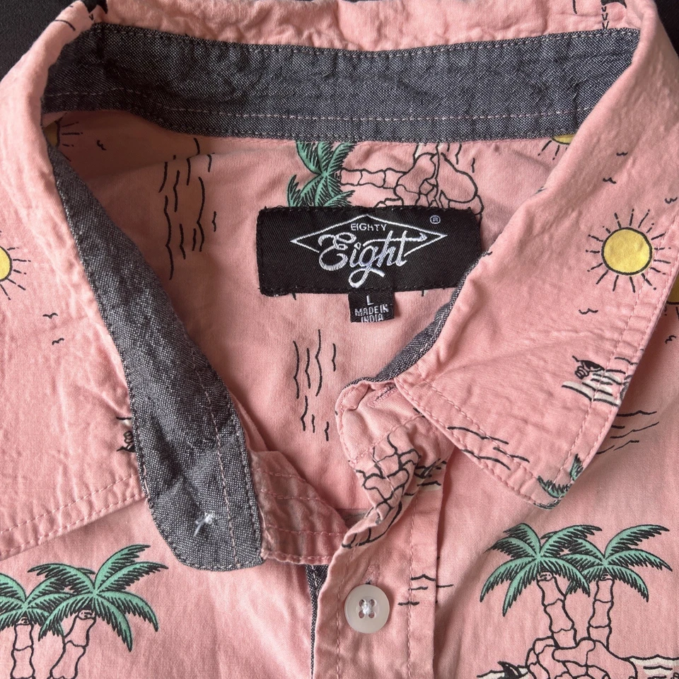 Eighty Eight Mens Large Pink Shirt 100% Cotton Skeleton Hand Palms Island Shark - Image 2 of 3