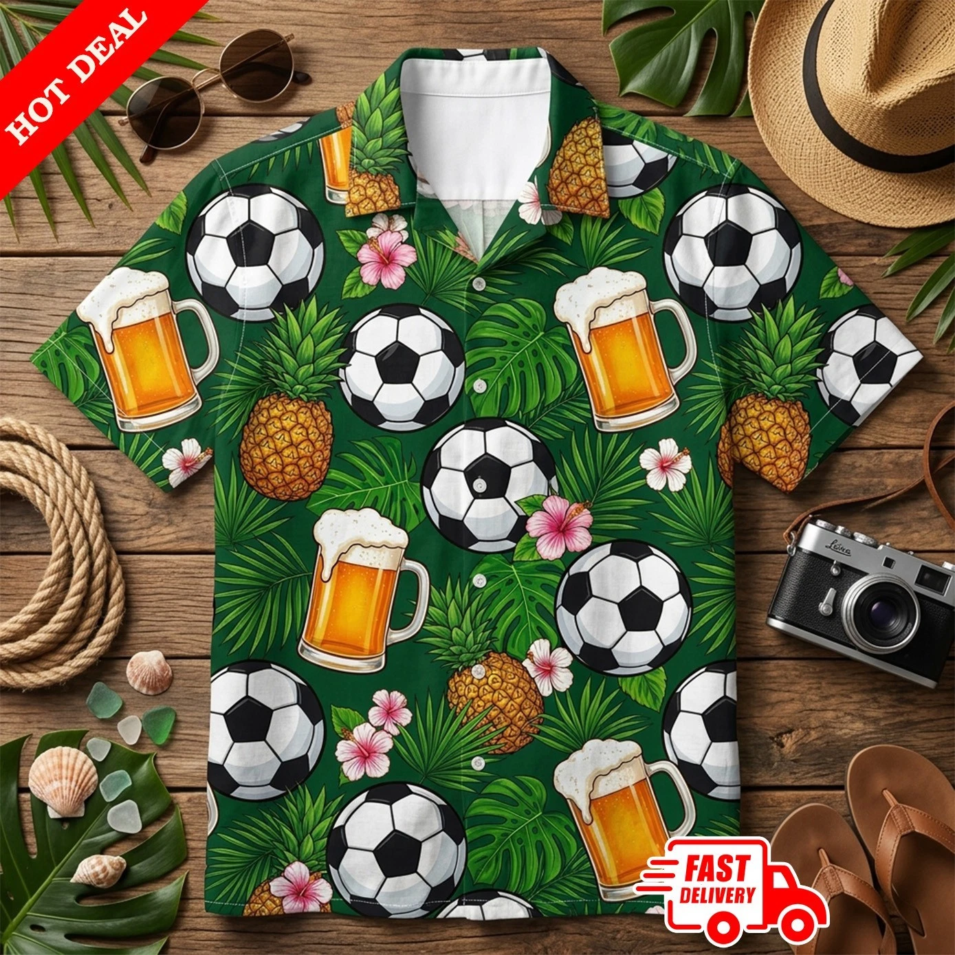 Mens Soccer Ball Hibiscus Tropical Hawaiian Shirt Button Down Short Sleeve Beach