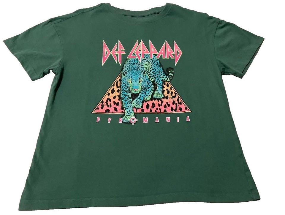 Def Leppard Pyromania Tour T Shirt Womens Size 12 Green Graphic Band Tee 1983 